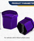 Close-up of two glossy purple 20 Pack Lug Nut Covers 19mm Hex With Removal Tool visualizing size dimensions for vehicle screws.