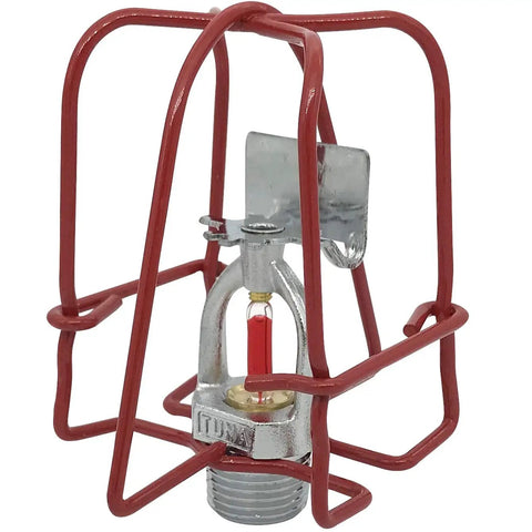 Commercial Grade Fire Sprinkler Head Protection Cages Three Quarter Inch Double Hook Steel Guard close-up showing red coated iron wire construction.