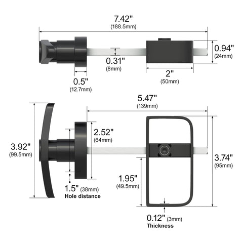 Heavy Duty Shed Door Lock Latch With T Handle, dimensions and components, for Barn Playhouse Coops and Shed Doors with Two Keys.