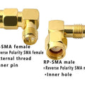 Two gold plated 90 Degree Reverse Polarity SMA To RP-SMA Right Angle Coax Adapters, showing female and male connectors.