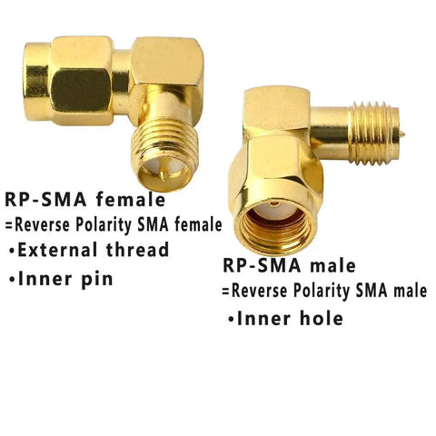 Two gold plated 90 Degree Reverse Polarity SMA To RP-SMA Right Angle Coax Adapters, showing female and male connectors.