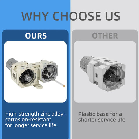 Comparison of One Quarter Inch NPT Compressed Air Filter Regulator Lubricator Combo with zinc alloy and plastic base