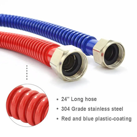 Easy Install No Kink Flexible Stainless Steel Corrugated Water Heater Connector With Color Coded Hot And Cold Lines 3/4 Inch FIP To 3/4 Inch FIP 24 Inch Length Leak Free Durable Plumbing Hose 2 Pack showing red and blue hose ends.
