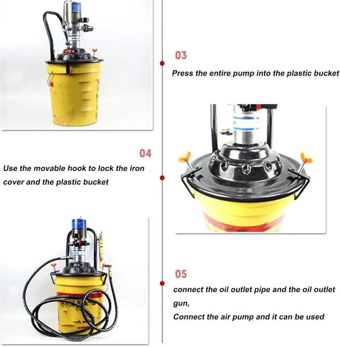 60 to 1 Air Operated Pro Grade Grease Pump With 0.85 L Per Minute Output in yellow plastic container setup steps