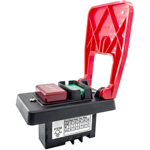 Dual Voltage Emergency Stop Switch for Woodworking and Industrial Machinery with 120V and 230V capabilities, red paddle
