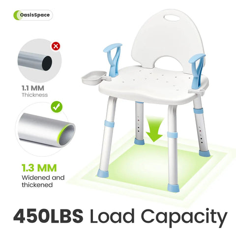 Heavy Duty Shower Chair With Back And Arms For Inside Shower, 450 Pound Weight Capacity, shown with load capacity detail.