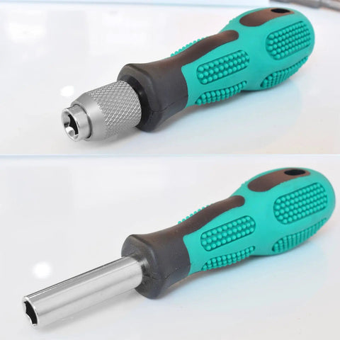 2 Piece One Quarter Inch Hex Quick Change Screwdriver Bit Holder Set With Magnetic Bit Holder And Quick Change Handle displayed