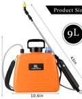 Battery Powered Sprayer 2.4 Gallon Electric Garden Sprayer with orange tank, wand, and adjustable strap, product size shown.