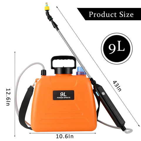Battery Powered Sprayer 2.4 Gallon Electric Garden Sprayer with orange tank, wand, and adjustable strap, product size shown.