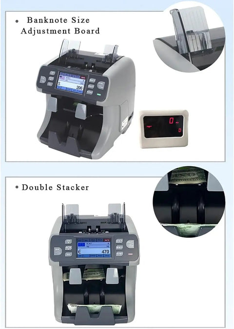 Heavy Duty Commercial CIS Currency Counter With Touchscreen Interface, featuring banknote adjustment and double stacker.