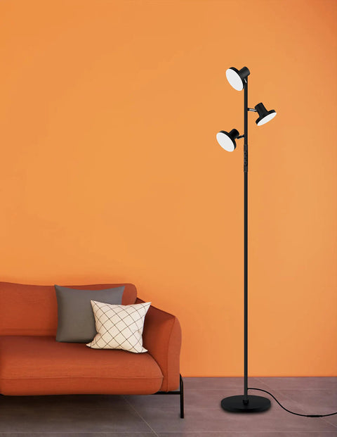 LED Tree Floor Lamp With 3 Adjustable Rotating Heads And Stepless Dimming in modern living room with orange sofa