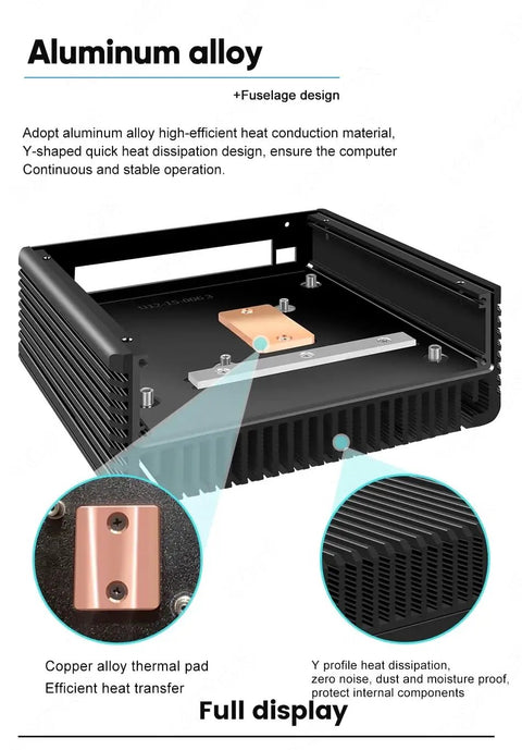 Aluminum alloy housing of the 12th Gen Intel N150 Mini PC Barebone Desktop with thermal pad for efficient heat transfer.