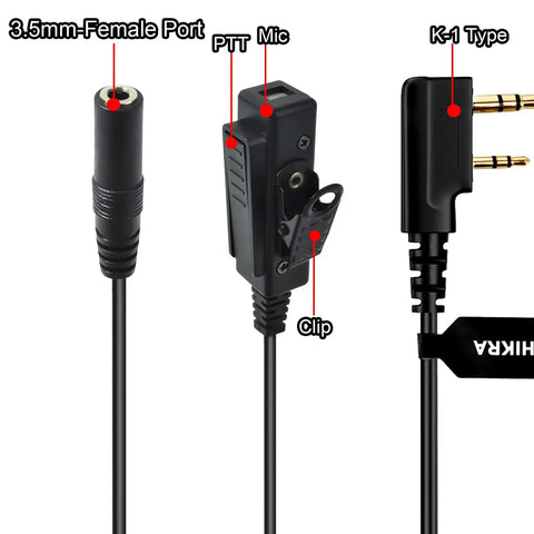 Universal 2 Pin K1 To 3.5mm Earpiece Adapter Cable With Built In Mic And PTT, showing 3.5mm port, PTT button, and K1 plug
