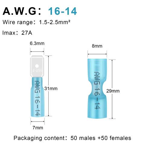 Heavy Duty Top Shelf 100 Piece Kit Of Fully Insulated Heat Shrink Spade Connectors For 16 To 14 Awg Female Male Electrical Wire Crimp Terminals With Waterproof Copper Contacts For Straight Up No Hassle Wiring Jobs, showing dimensions and specifications.