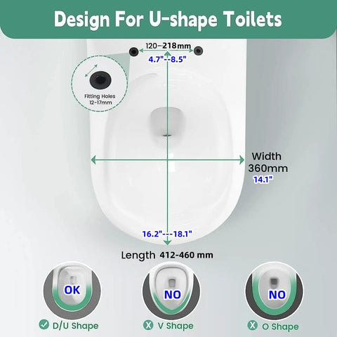 Diagram showing fitting dimensions for D Shape Toilet Seat With Soft Close Quick Release For Easy Clean Design, adjustable length