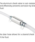 Close-up of One Way Brake Bleeder Hose Kit With Built In Bleeder Valve showing aluminum valve and clear hose with metal clips.
