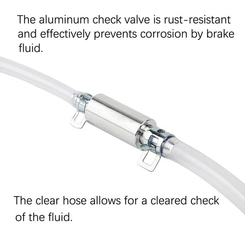 Close-up of One Way Brake Bleeder Hose Kit With Built In Bleeder Valve showing aluminum valve and clear hose with metal clips.