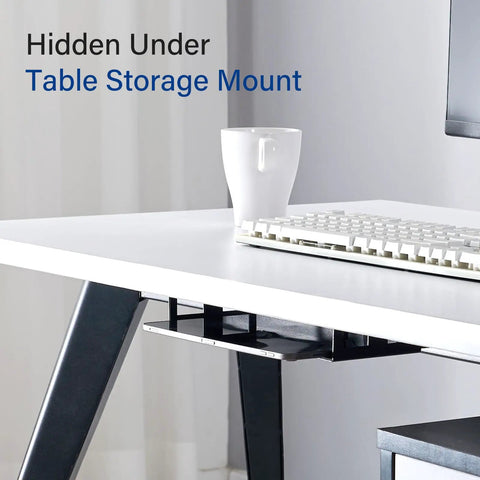 Prime Desk Real Estate Saver This Under Desk Laptop Mount is hidden under a table, showcasing black steel design for laptop storage.