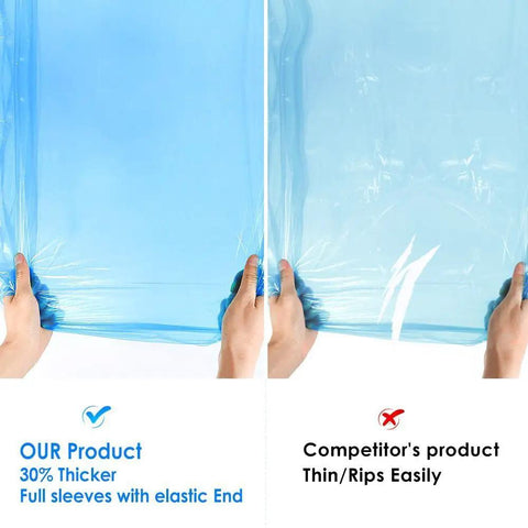 Comparison of thicker blue poncho vs thinner, ripped one, part of Disposable Emergency Rain Ponchos For Adults And Kids, Family Pack