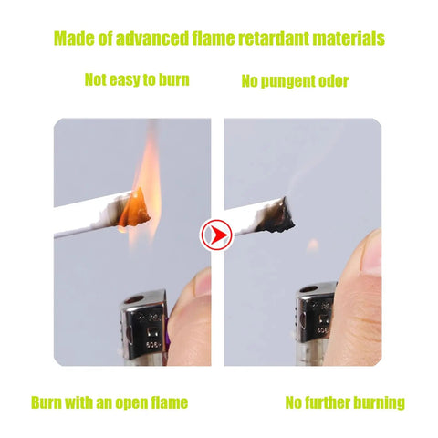 Comparison of a material burning, showing flame retardant properties on the right