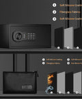 Must Have Fire Resistant Safe Box With Fireproof Waterproof Bag Sensor Light And Emergency External Power 0.55 Cubic Feet Digital Security Safe showcasing soft silicone coating and fiberglass fabrics for fire resistance.