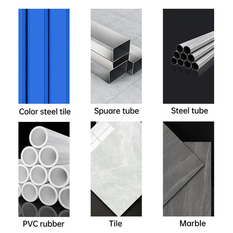 Various construction materials including color steel tile, square tube, steel tube, PVC rubber, tile, and marble.