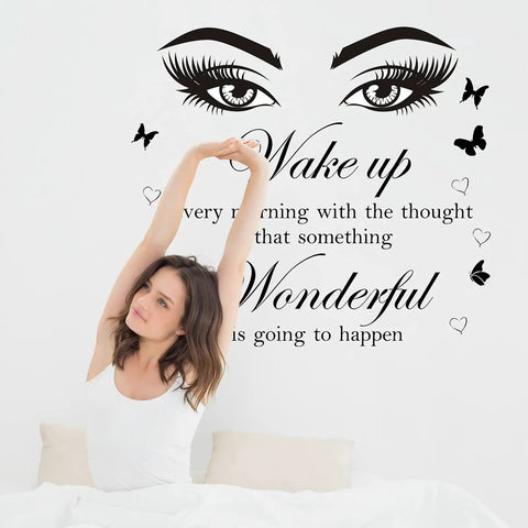 Motivational Quote Wall Stickers Set With Giant Eye Art And Butterflies in bedroom, inspiring vinyl wall decals with positive words