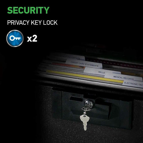 Black Fireproof Document Box With Key Lock For Home Or Office, 0.61 Cubic Feet, UL Classified, close-up of key lock mechanism