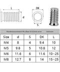5/10/20 Pack Stainless Steel Hex Socket Threaded Inserts M4 To M10 For Wood Furniture Assembly, size chart and dimensions.
