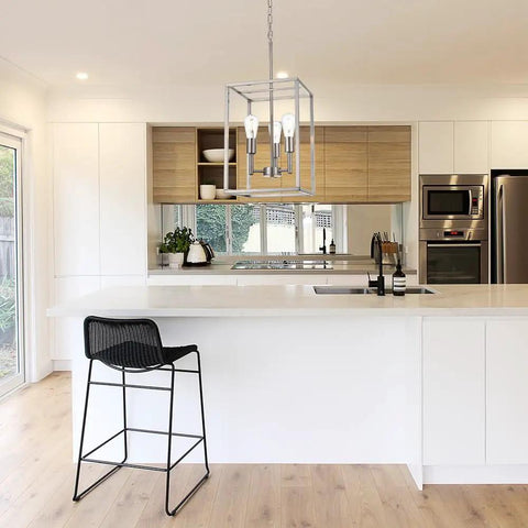 Three Light Brushed Nickel Chandelier Pendant Lighting With Industrial Metal Cage Modern Ceiling Fixture in kitchen island setting
