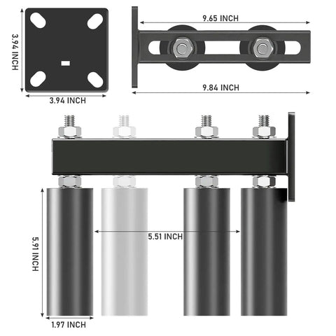 Diagram of 6 Inch Slide Gate Guide Roller with Adjustable UHMW Nylon Guider, showing measurements and AISI 1045 steel bracket components.