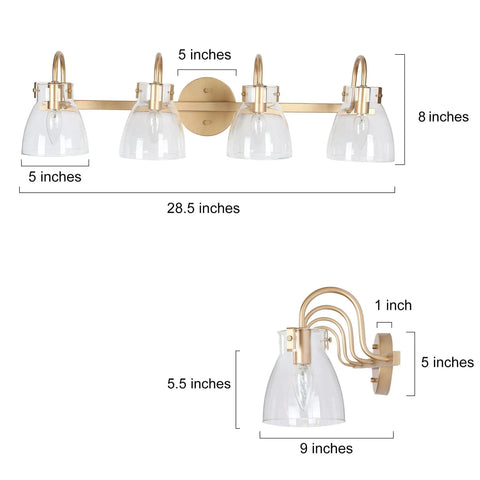 Gold Modern Bathroom Vanity Lights Over Mirror With Four Clear Glass Shades, Four Light Fixtures For Master Bath