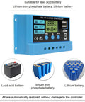 30A PWM Solar Charge Controller For 12V/24V Systems With LCD Display, Dual USB 5V Output, battery compatibility shown