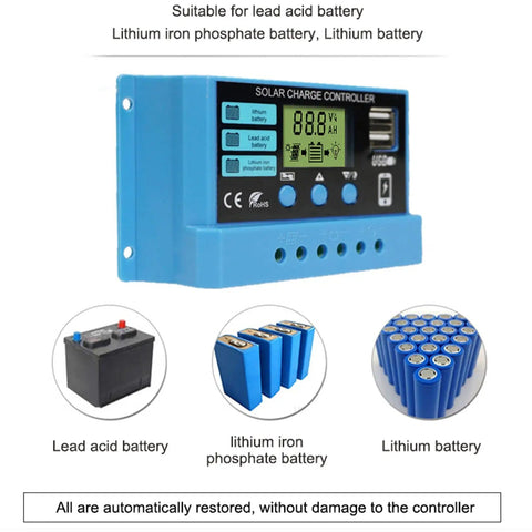 30A PWM Solar Charge Controller For 12V/24V Systems With LCD Display, Dual USB 5V Output, battery compatibility shown