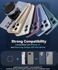360° Vacuum Suction Car Phone Mount showing multiple iPhone models in silver, gold, purple and blue.