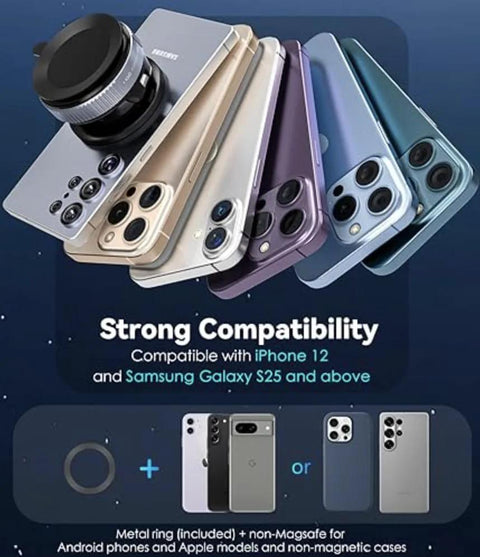 360° Vacuum Suction Car Phone Mount showing multiple iPhone models in silver, gold, purple and blue.