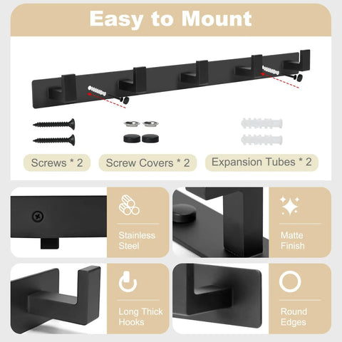 Sturdy Matte Black Wall Mount Coat Rack With Five Heavy Duty Metal Hooks, Rustproof And Waterproof, installation details