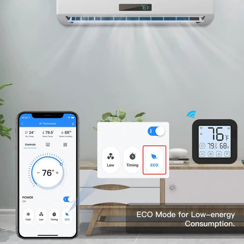 WiFi Smart Air Conditioner Controller With LCD Touch Screen Easy Setup Thermostat displayed with app, feature buttons, and AC unit