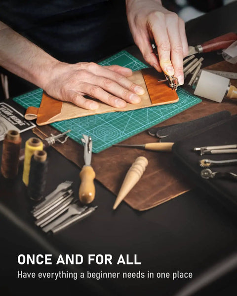 Leather Tooling Kit For Beginners With 458 Pcs Pro Gear Tools And Supplies Plus A Handy Guide And Organizer shown in use