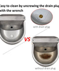 Comparison of Heavy Duty Automatic Pet Water Bowl Stainless Steel Self Filling Dispenser with and without drain plug.