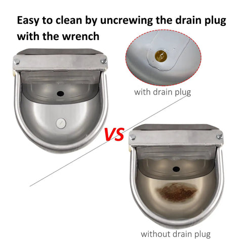 Comparison of Heavy Duty Automatic Pet Water Bowl Stainless Steel Self Filling Dispenser with and without drain plug.