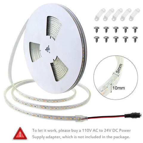 Waterproof LED Rope Lights 32.8Ft Ultra Bright 1200 LEDs 2835SMD 24V DC Warm White coil with screws and clips