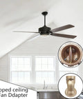 Sloped Ceiling Fan Adapter for 0 to 45 Degree Ceilings, Black Mounting Bracket Kit in vaulted room, close-up detail inset