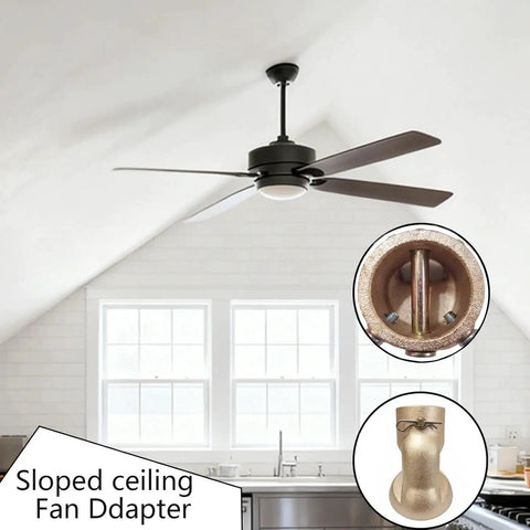 Sloped Ceiling Fan Adapter for 0 to 45 Degree Ceilings, Black Mounting Bracket Kit in vaulted room, close-up detail inset