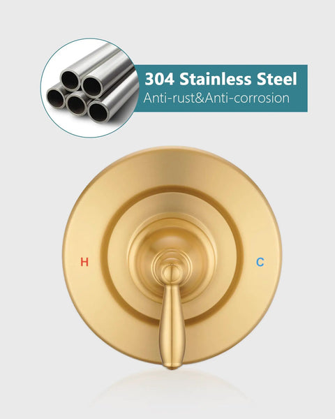 Stylish Brushed Gold Chateau Style Shower Faucet Trim Kit For Moen Fit Valve Featuring Elegant Pull On Push Off Design Knob With Clear Hot And Cold Labels And Modern Aesthetic Look Perfect For Your Bathroom Reno Project, 304 stainless steel.