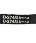 Close-up of the Top Shelf B2743 B108 Industrial Drive V Belt showing labels for size and model number.