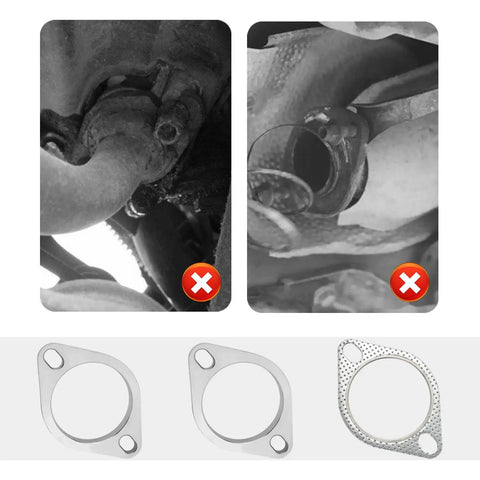 Beefy 2.5 Inch Two Bolt Exhaust Flange Repair Kit With Premium Stainless Steel Muffler Gasket And Rugged Exhaust Bolts, showing flanges and pipe connections.