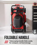 Top Shelf 40V Brushless Self Propelled Lawn Mower With 20 Inch Cutting Deck And Smart Caddy Storage featuring foldable handle for compact storage.