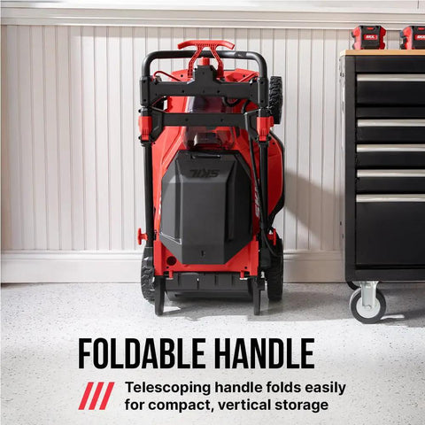 Top Shelf 40V Brushless Self Propelled Lawn Mower With 20 Inch Cutting Deck And Smart Caddy Storage featuring foldable handle for compact storage.