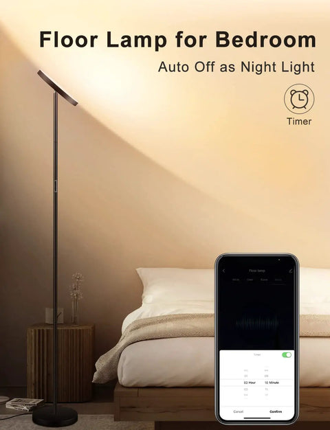 Smart RGB Floor Lamp With Alexa And Google Home, WiFi App Control displayed in a bedroom setting with remote dimming feature shown on phone app